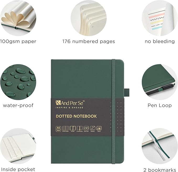 &And Per Se A5 Hardcover Dotted Notebook Kit for Beginners – 176 Numbered Pages, 100gsm Thick Paper, Includes Stencils & Fineliner Pen | Leather Bullet Journal with Templates, Lay Flat Design, Premium Gift for Women Men (Green)