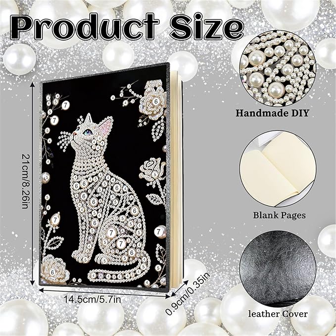 FRANDEK Pearl Painting Notebook Kit, Black and White Cat A5 DIY Journal with 50 Blank Pages, Diamond Gem Art Cover with Waterproof Canvas, Beginner Craft Set with Full Tools for Adults