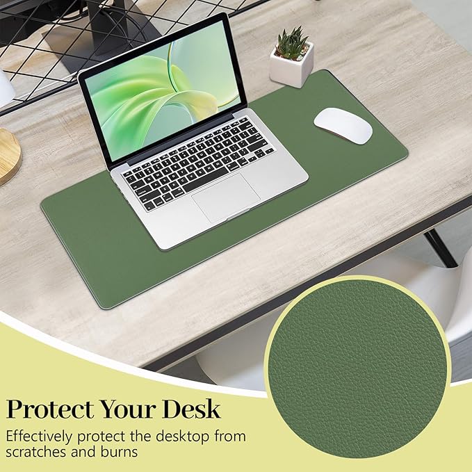 Green Desk Mat, Leather Desk Pad Protector, Non-Slip Office Computer Mat, Waterproof Desktop Mat for Keyboard and Mouse, Green Desk Accessories for Women, 23.6"x13.7"