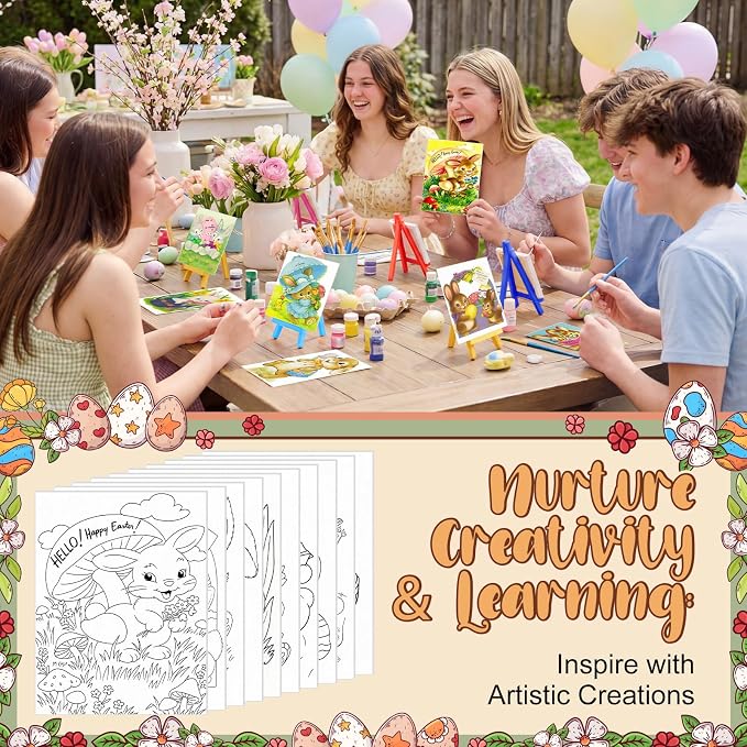 Blosssound 10 Set Easter Vintage Pre Printed Canvas Bunny Eggs Pre Drawn Canvas Painting with Easel Kits 5" x 7" Outline Painting Panels for Beginners, DIY Craft Project, Party Favor, Home Decors