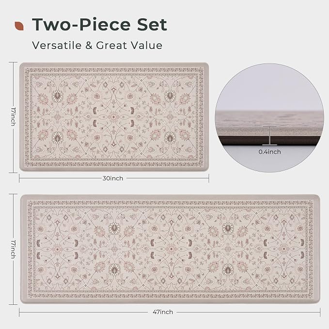 FRESHMINT Vintage Floral Kitchen Mat 2 Pack, 17x30''+17x47'', Natural Beige | Anti-Fatigue, Non Slip, Comfort, Kitchen Decor, Easy to Clean, Waterproof, Perfect for Kitchen, Laundry, Office
