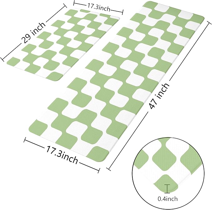 Fresh Green Retro Curvy Checkered Grid Checkerboard Kitchen Rug Sets [2 PCs], Anti-Fatigue, Waterproof Non-Slip Kitchen Mats Heavy Duty Comfort Foam Rug for Floor, Home, Laundry,17"x29"+17"x47"