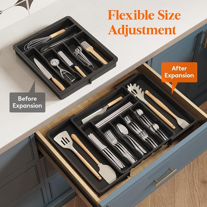 Lifewit Utensil Organizer for Kitchen Drawer, Expandable Cooking Silverware Tray, Adjustable Cutlery Flatware Holder, Plastic Spatula Tools Storage Divider, 13-22.4 x 15", Black