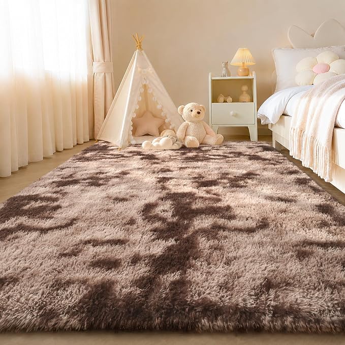 Zentavio Area Rugs for Living Room Rugs for Bedroom 4x6 Soft Carpet Fluffy Furry Shag Aesthetic Plush High Pile Gray Throw Rug for Nursery Kids Room Dorm Tie-Dyed Coffee