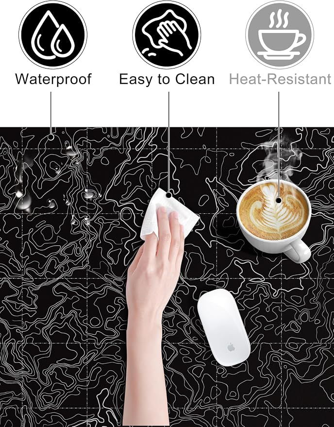 TopMade Mouse Pad with 15W Fast Wireless Charging, 31.5"x15.75" XXL Large Gaming Waterproof Desk Pad, Computer Desk Mat, Black Topographic Map #3 (Includes 20W PD Power Adapter & 6.56ft Woven Cable)
