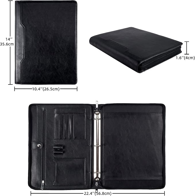 Vegan Leather Portfolio Binder, 3 Ring Binder Padfolio for Women, Black Leather Binder Leather Folder, Handmade Portfolio Oranizer, Personalized Resume Portfolio Folder (Black, Custom)