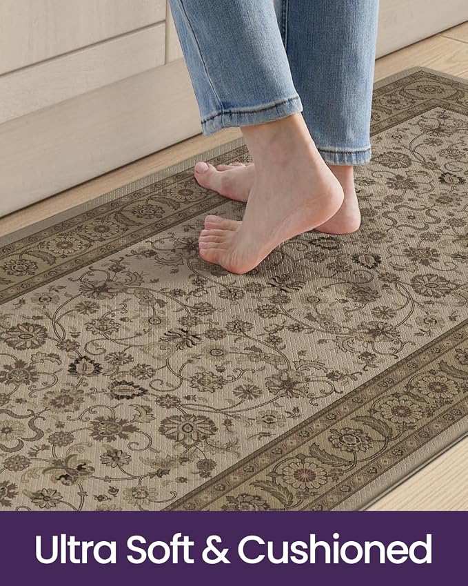 DEXI Kitchen Mats for Floor Cushioned Anti Fatigue, 23x86 Extra Large Wide Runner Rug Non Slip, Waterproof Soft Comfort Standing Rubber Padded, Brown Floral