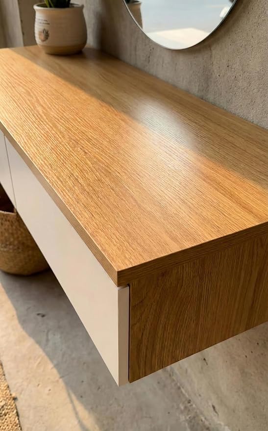 Wall Mounted Floating Vanity Desk with 2 Storage Drawers Modern MDF Makeup Table – 39.4 x 15.7 x 5.9 in (100 x 40 x 15 cm), Space-Saving Dressing Table for Bedroom or Small Spaces (Natural Wood)