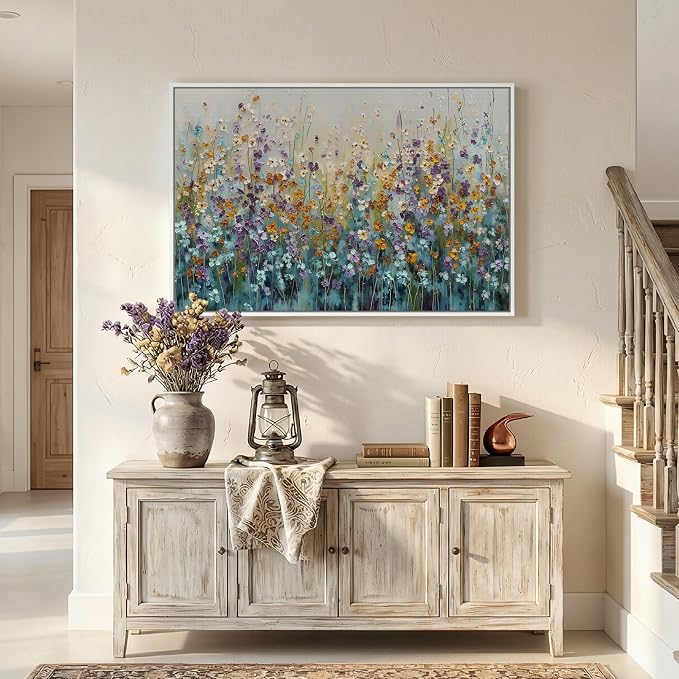 Framed Abstract Floral Wall Art, Blue Purple Green Flower Landscape Canvas Painting Prints, Modern Farmhouse Nature Colorful Wildflower Abstract Botanical for Living Room Bedroom Kitchen Decor, 24x36