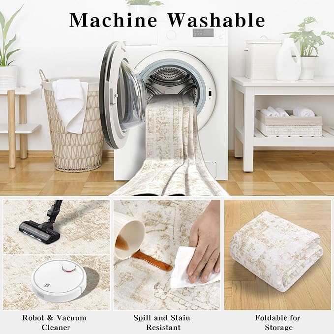 2x3 Vintage Washable Area Rugs for Entryway Soft Non-Slip Bath Mat Boho Medallion Distressed Retro Accent Carpet Floral Low Pile Indoor Throw Rug for Kitchen Laundry Living Room Bedroom, Beige