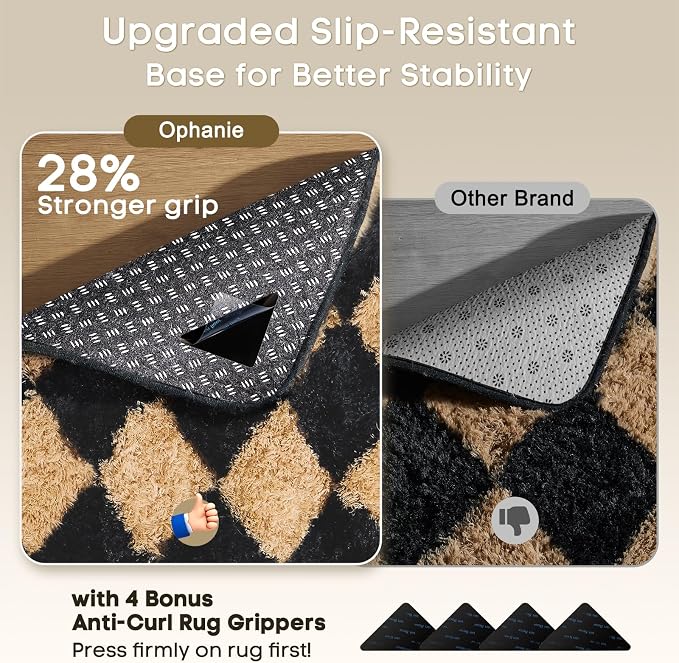 Ophanie 8x10 Black & Beige Diamond Checkered Rugs for Living Room Bedroom,Large Rhombus Fluffy Soft Fuzzy Area Rugs,Plush Shaggy Bedside Floor Carpet Kids Baby Dorm Decor with Over 99 pcs Pile fibers