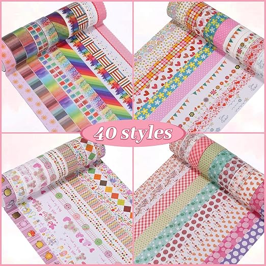 WEGAZ Washi Tape Set - 40 Rolls of 1.5cm Wide Decorative and Craft Tape for Scrapbooking and Bullet Journal Supplies
