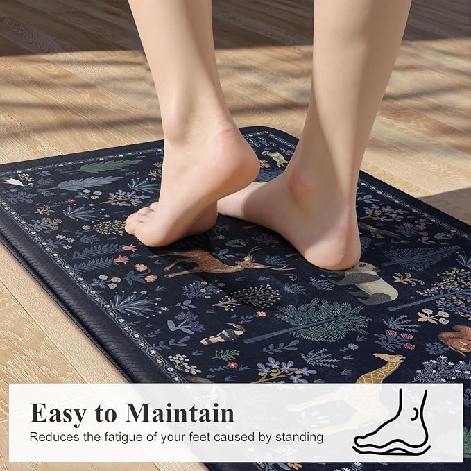 KIMODE Anti Fatigue Mats for Kitchen Floor,Cushioned Kitchen Rugs Sets of 2 | 17.3"x47"+ 17.3"x29",Dark Blue,Farmhouse Animal Forest Kitchen Rug Non Slip,Padded Kitchen Floor Mats for Laundry Sink Office