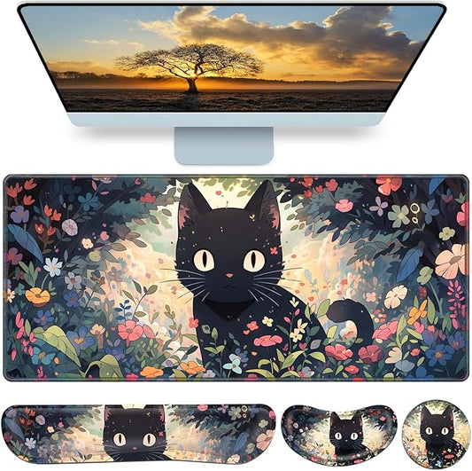 Mouse Pad Anime, Mouse Pad with Wrist Rest, 4-in-1 XXL Large Desk Mat Kawaii Mousepad with Gel Wrist Support Keyboard Wrists Rest Coaster, Ergonomic Gaming Cat Desk Pad, Funny Cute Office Accessories