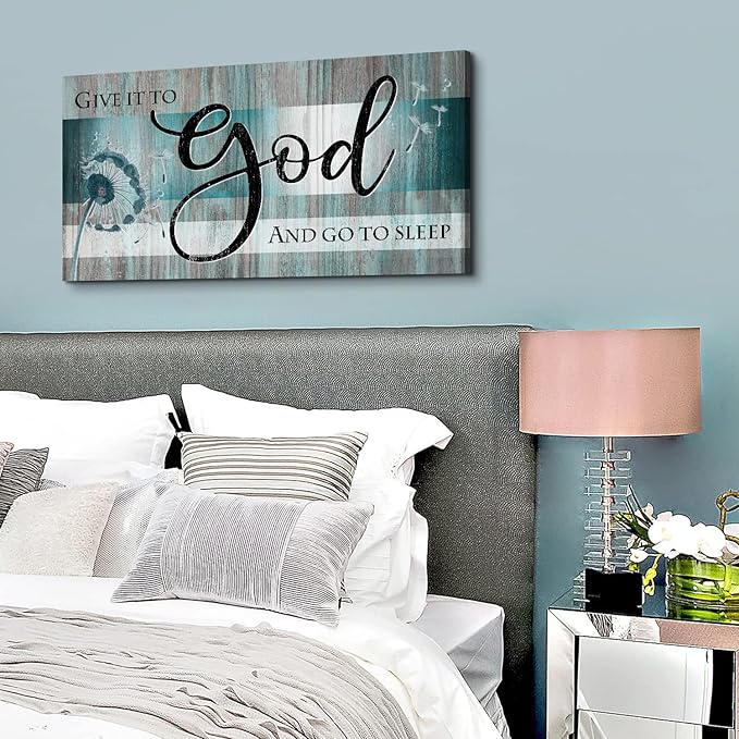 Give It to God and Go to Sleep Sign Bedroom Wall Decor 20x40" Christian Bible Verse Wall Art Above Bed Wall Decor Teal Farmhouse Faith Quote Canvas Painting for Living Room Master Bedroom Decoration