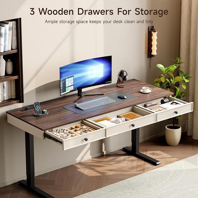 63 Inch Electric Standing Desk with 3 Drawers, Home Office Desk, Walnut | Computer Desks Retro Corner Table & Drawers, Height Adjustable Stand Up Desk with Storage & Outlets for Computer Workstation