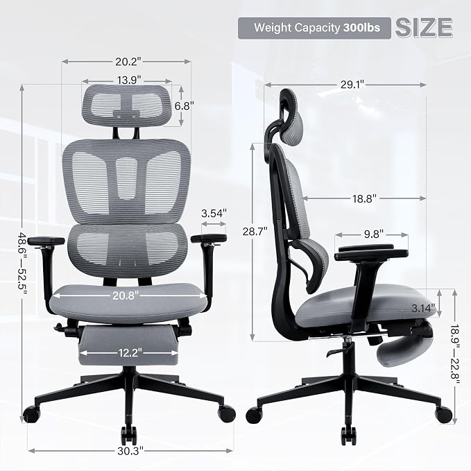 Ergonomic Office Chair with Retractable Footrest, Dark Grey | High Back Design, Dynamic Lumbar Support, 2D Headrest & 4D Armrests, Breathable Mesh Back for Home Office