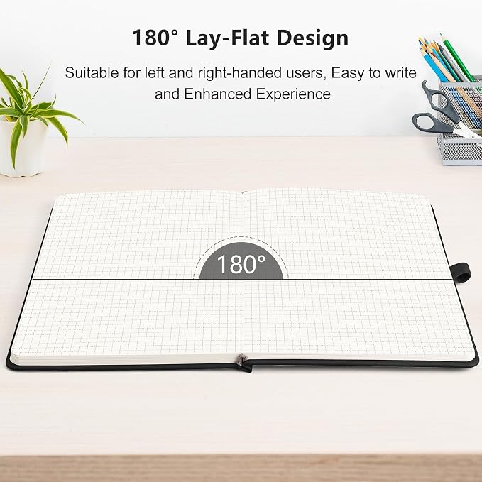 RETTACY Graph Grid Paper Notebook, 2-Pack, 192 Pages per Pack, A5 Medium Size (5.7'' x 8.3''), Leather Hardcover, 100 GSM Thick Paper, for School, Students, Math, Engineering (Black & Black)