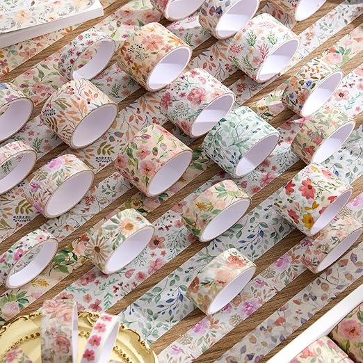 PAGEMORE 32 Rolls Washi Tape Set, Colored Floral Decorative Masking Tape, Artists Tapes for Journaling, Junk Journal, DIY Craft Projects, Scrapbooking Supplies Decor