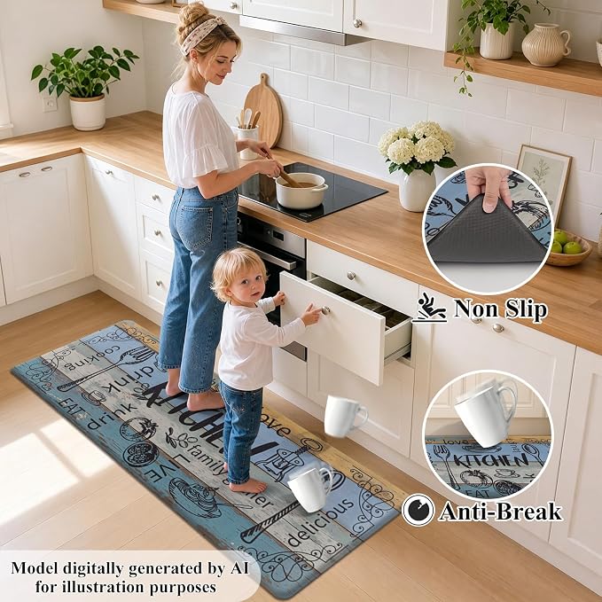 HEBE Anti Fatigue Kitchen Rugs Set of 2, Non Slip Cushioned Kitchen Mats for Floor, Waterproof Farmhouse Comfort Standing Desk Mat for Kitchen Sink,Office,Laundry