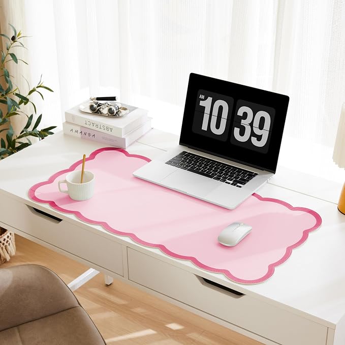 Scalloped Desk Mat, 31.5" x 15.7" Hot Double Pink Large Cute Aesthetic Desk Accessories, PU Leather Computer Laptop Desk Mouse Keyboard Pad, Desk Writing Mat for Vanity/Work/Home Decor Coral