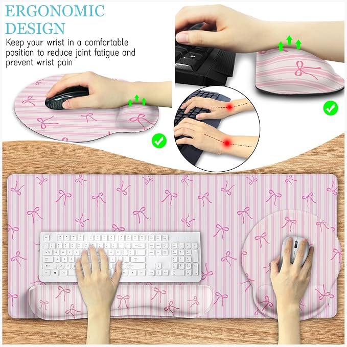 LIMKRIAN Pink Striped Mouse Pad with Wrist Rest Desk Mat Set for Keyboard | Non-Slip PU Base, Stitched Edges, Gel Wrist Rest Eases Pain, Smooth Surface, 35.4x15.7in, Office/Gaming/Home Pink Desk Decor