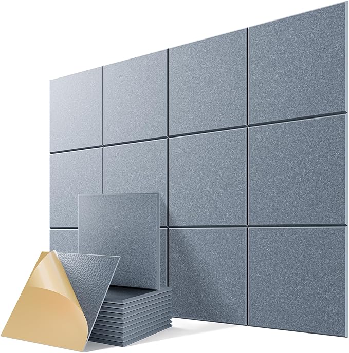 12 Pack Self-Adhesive Acoustic Panels, 12" X 12" X 0.4" High-Density Polyester Sound Proof Foam Panels for Walls, Soundproof Wall Panels for Home & Office (LightGray)