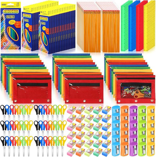 210 Pcs Back to School Supplies Kit 30 Sets Teacher Supplies Bulk for Student Classroom Neon Mesh Pouch Colored Pencils Teacher Back to School Supply Kit for Elementary Essentials Bundle