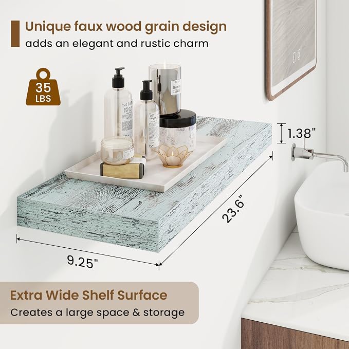 24in Floating Shelves for Wall, 24"W x 9.25"D x 1.25"H, 2 Pack Long Wall Mounted Engineered Wood Shelves with Invisible Brackets for Living Room, Bedroom, Bathroom, Kitchen Decor and Storage, Blue