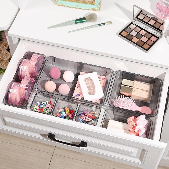 20 PCS Black Expandable Drawer Organizer, 3 Sizes Drawer Organizers and Storage, Vanity Dividers, Acrylic Storage Bins for Makeup, Jewelry Gadgets for Kitchen, Bedroom, Bathroom, Office