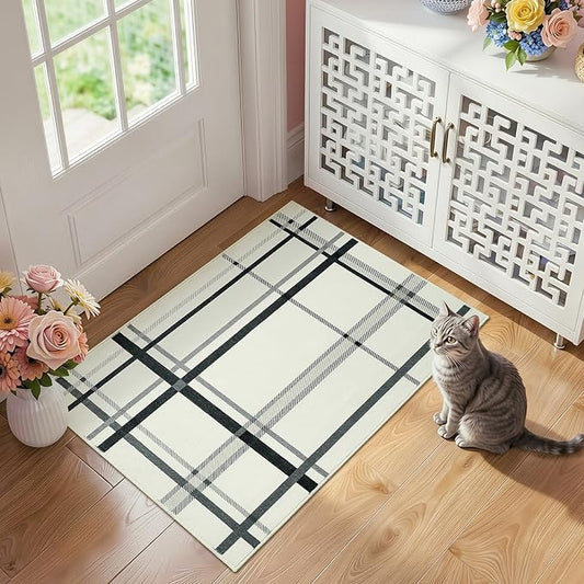 Terrug Plaid Area Rug for Entryway, Beige 2x3 Small Checkered Rugs Washable with Non Slip for Kitchen, Soft Low Pile Abstract Carpet for Home Office Front Door Porch