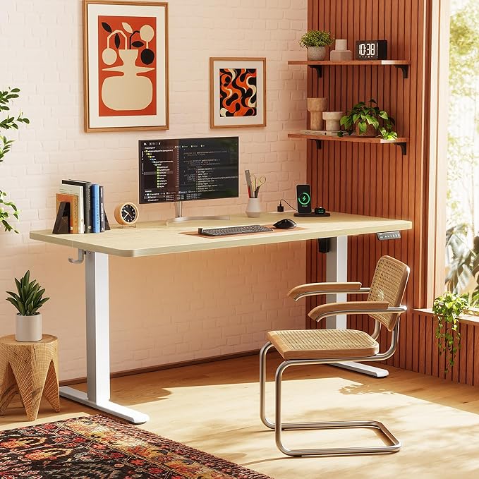 Huuger Electric Standing Desk with Power Outlets and USB-C Port, 55 X 24 Inch Height Adjustable Desk, Sit Stand Desk for Home Office, Computer & Gaming Desk with 4 Presets, Stable Steel Frame, Marple