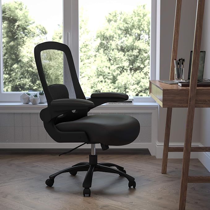 Flash Furniture Big & Tall Swivel Office and Gaming Chair with LeatherSoft Seat, Mesh Office Chair with Flip-Up Armrests and Adjustable Height, Black | Ergonomic, Adjustable Lumbar, Mesh Back, 500 LBS. Weight Capacity, LeatherSoft Upholstery, Flip-Up P...