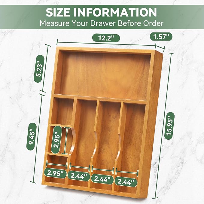 Teak Silverware Organizer For Drawer, Flatware Silverware Storage Tray | 2 Removable Drawer Dividers | Space-Saving Storage for Spoons Forks Knives | Fits 16 in drawers | (7 slots)