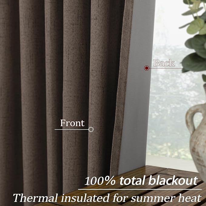 KOUFALL Dark Brown Curtains 108 Inches Long Linen Blackout Room Darkening Pleated Curtains for Living Room 2 Panels Set