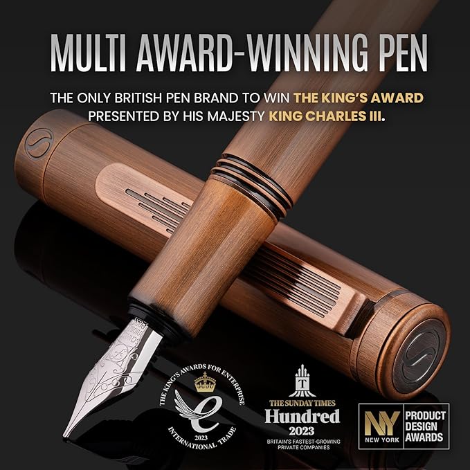 Scriveiner Luxury EDC Fountain Pen (Fine), Stunning Heavy Brass Pocket Pen, Hand Brushed Copper Finish, Schmidt German Nib Converter, Best Writing Pen Gift Set for Men Women, Nice Fancy Designer Pen