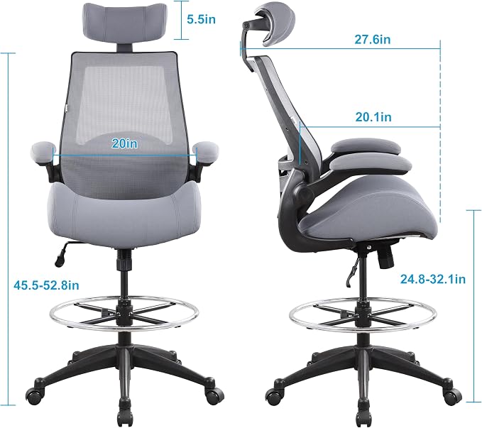 BOLISS 400lbs High Back Computer Office Drafting Chair Flip up Armrests Lumbar Support Adjustable Big Footrest Ring (Grey)