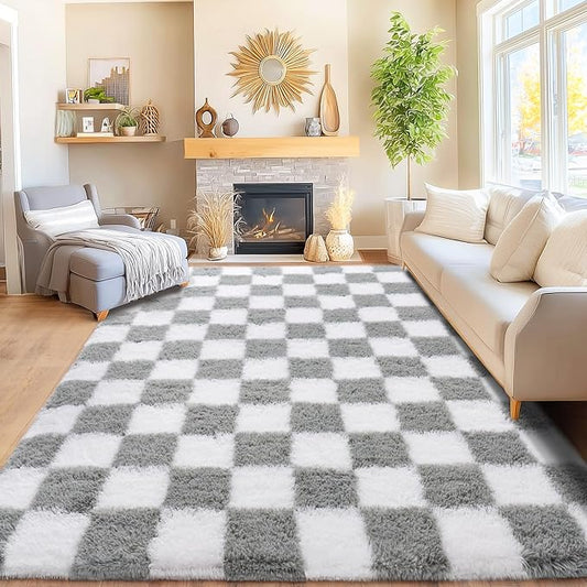 Area Rugs for Living Room Bedroom 9x12, Ultra Fluffy Shag Checkered Rug Modern Washable Carpet Soft Shaggy Non Slip Indoor Plush Fuzzy Rugs for Bedroom Dorm Office Home Aesthetic Decor, White & Grey