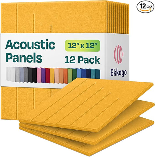 Acoustic Panels 12-Pack Soundproof Wall Panels 12"x12"x0.4" Decorative Sound Dampening for Your Home, Office, Studio, Bedroom & More with Unique LineWave Carving [Yellow Orange Gold]