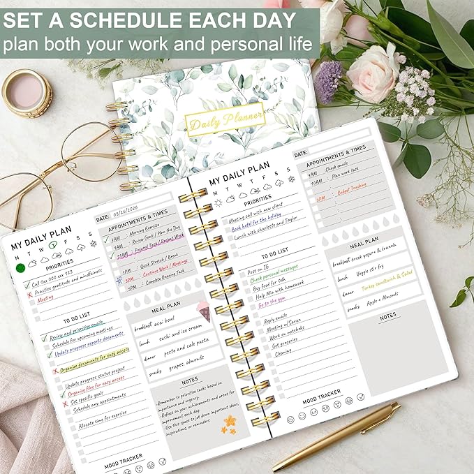 Daily Planner Undated - 6.5"x8.5" To Do List Notebook Spiral Appointment Planner to Organize Tasks & Boost Productivity, Perfect Office & School Supplies for Women & Men, Greenery