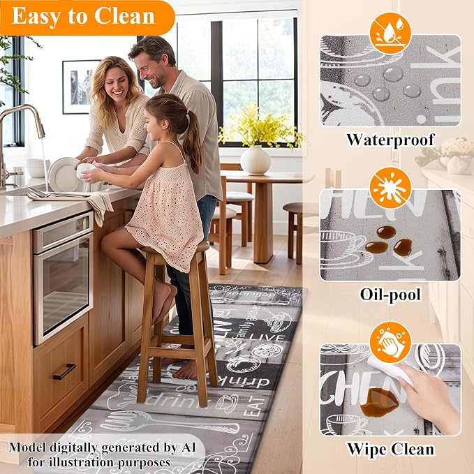HEBE Anti Fatigue Kitchen Rugs Set of 2, Cushioned Kitchen Mats for Floor | Non Slip Farmhouse Kitchen Rug and Runner Set, Waterproof Comfort Kitchen Floor Mat Carpet for Sink, Standing Desk, Laundry