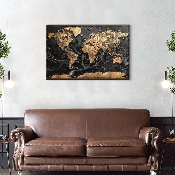 AREBOLO Modern Men Office Wall Art World Map Wall Decor Black and Gold Map of the World Picture Canvas Prints Poster for Living Room Home Decorations 24x36”, Retro Abstract Nautical Painting Artwork