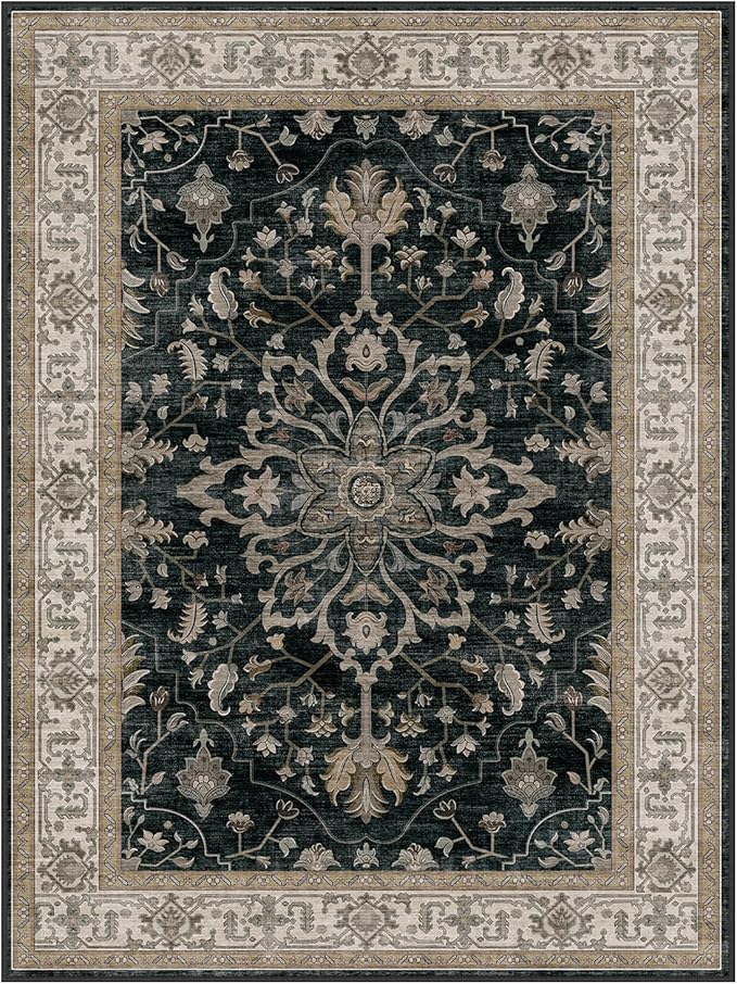 RELEANY Area Rugs 4'x5' Washable Non-Slip, Floral Vintage Distress Medallion Carpet for Living Room Bedroom Dining Room, Vintage Black Brown Neutral
