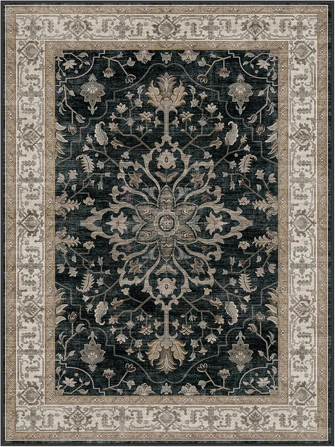 RELEANY Area Rugs Runner 2'x5' Washable Non-Slip, Floral Vintage Distress Medallion Carpet for Kitchen Hallway Bedroom Beside Laundry Room Bathroom, Vintage Black Brown Neutral