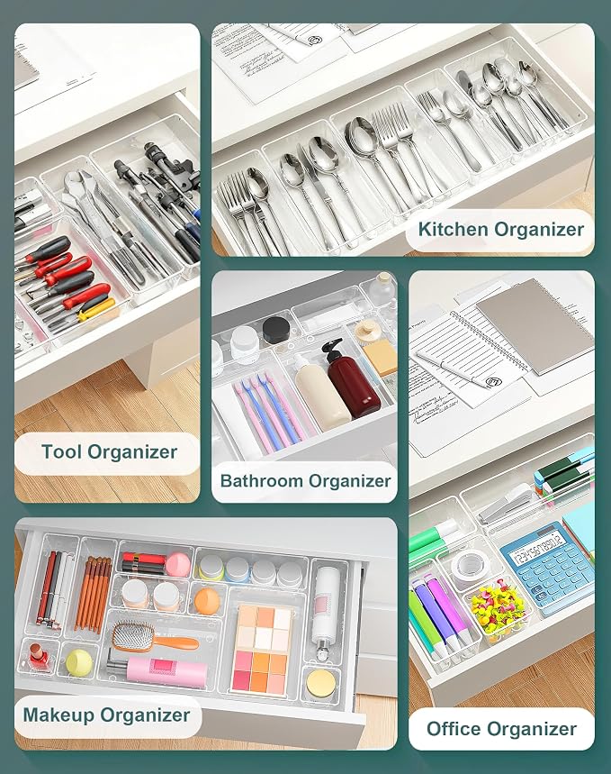 55Pcs Clear Plastic Drawer Organizers Set, 4size makeup drawer organizer trays for vanity,desk,bathroom,office,nightstand,gadgets for kitchen drawer, Versatile drawer divider storage bins