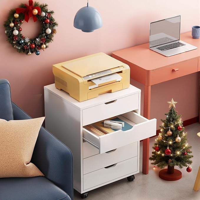 DEVAISE 5-Drawer Filing Cabinet Under Desk, Storage file Cabinet, White | Wood Drawer Unit, Craft Storage Cabinet, Office Rolling Cart, Printer Stand