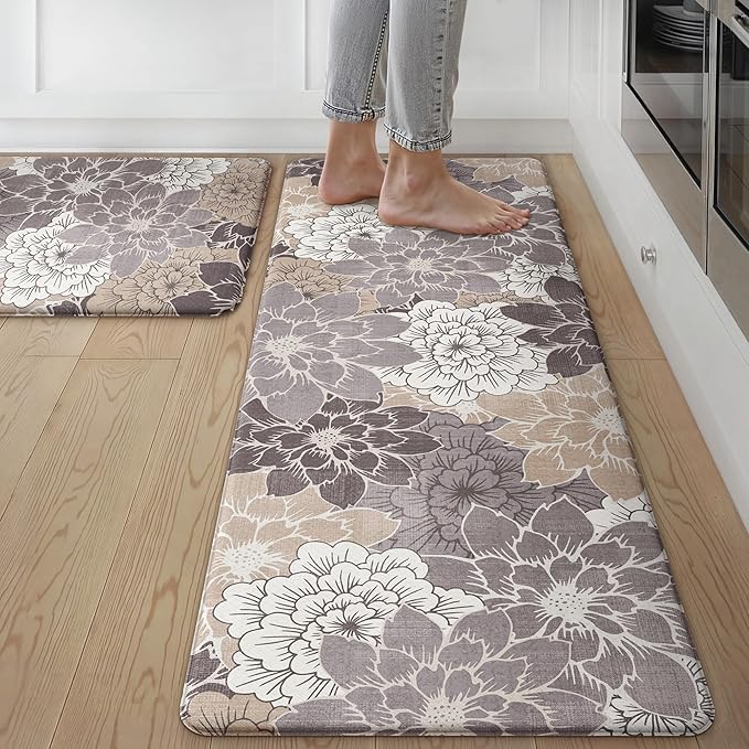 GENIMO Anti Fatigue Kitchen Mats for Floor 2PCS, Cushioned Standing Mats | 17.3"x47"&17.3"x30",Coffee Brown vintage floral rug set, waterproof, non slip, easy-clean for farmhouse
