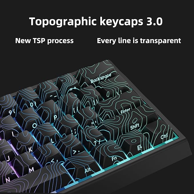 dagaladoo Double Shot PBT Keyboard keycaps Set,Black Topographic,Shine Through Custom keycap,Side Printed keycaps dye sub,Cherry Profile keycap for TKL US Layout Mechanical Keyboard(134keys)