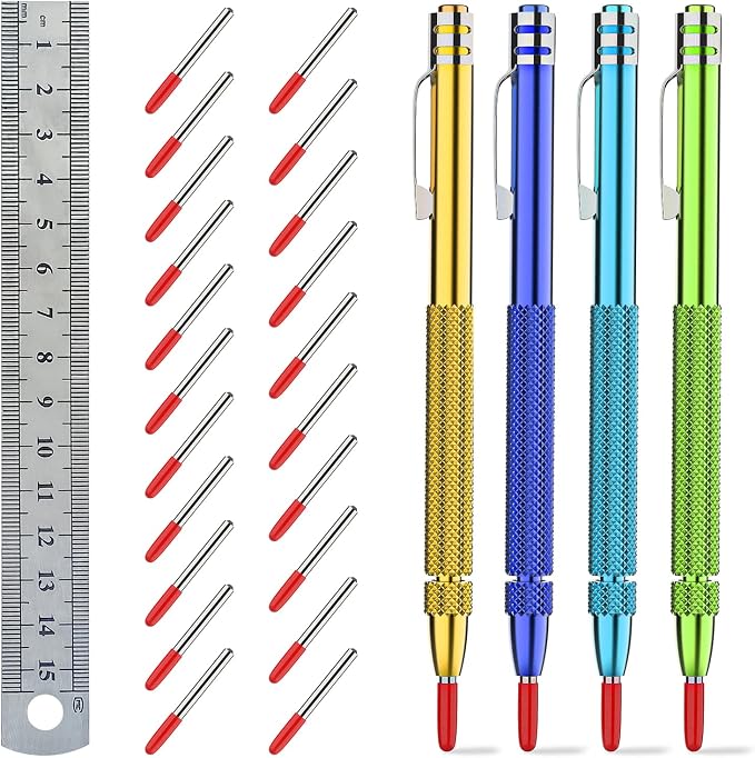 Glieskir 4 Pack Tungsten Carbide Scriber with Magnet,with Extra 21 Replacement Marking Tip And 6-Inch Ruler,Etching Engraving Pen for Glass/Ceramics/Metal Sheet
