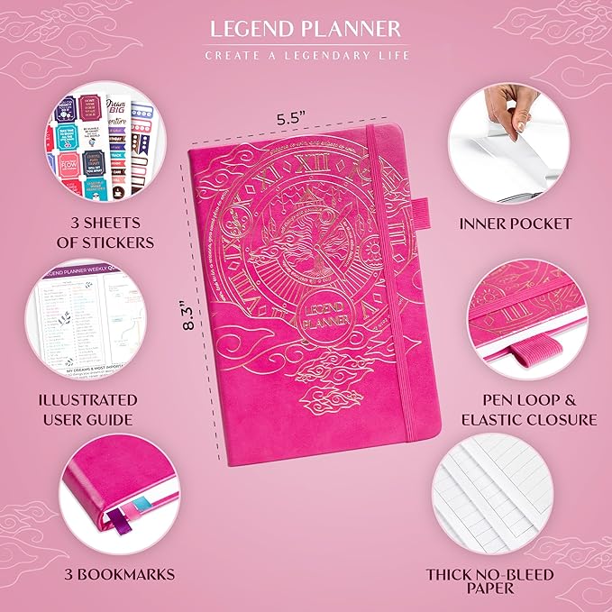 Legend Undated Weekly Planner – Goal Planner Journal & Organizer Notebook – Agenda Book with Monthly Calendar & To-Do List, A5 (Hot Pink, Gold)